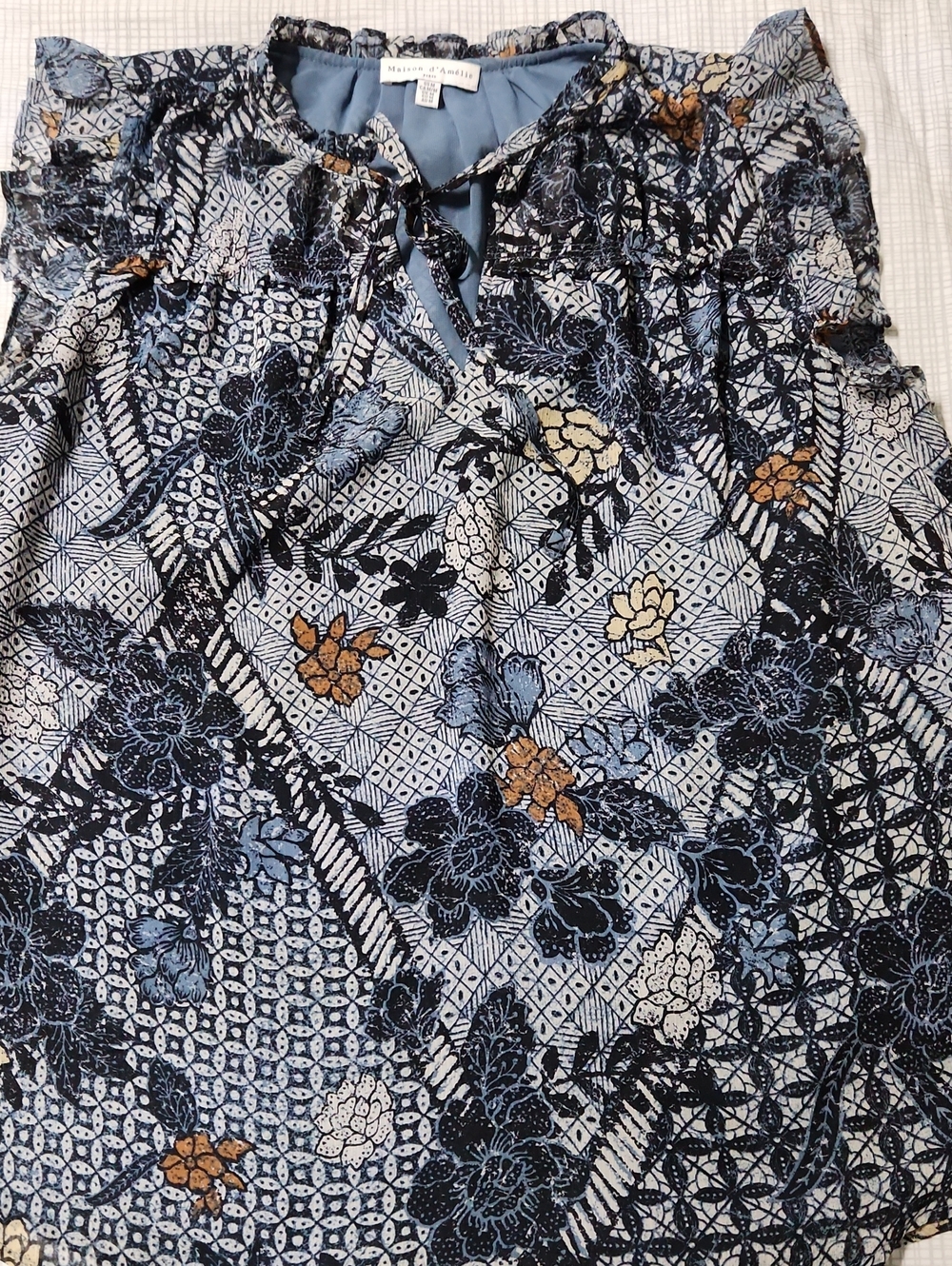 Marina Rinaldi Navy and Light Blue Floral Tie-Neck Blouse